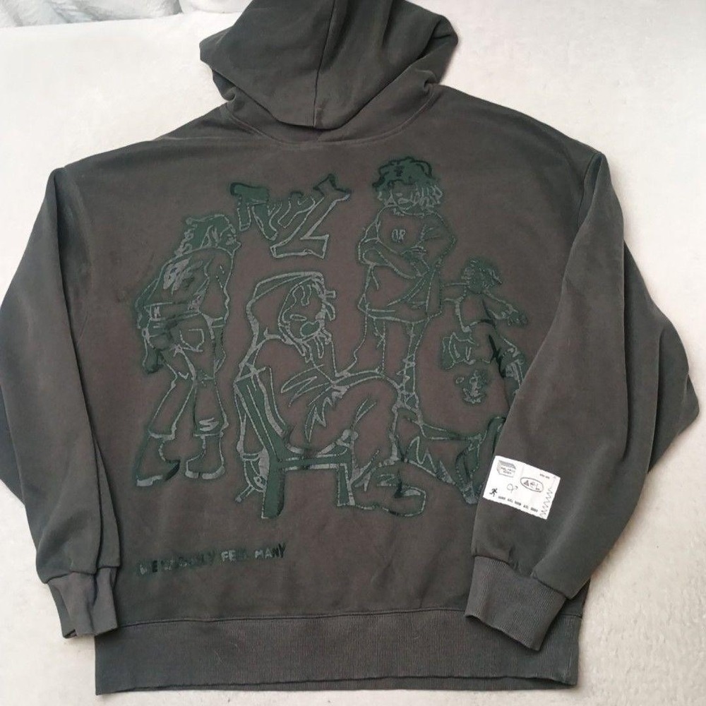 Elfric Eden Hoodie Mens L Gray Pullover Fleece Hooded Graphic Embroidered
